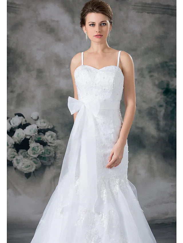 Wedding Dresses Sweetheart Neckline Chapel Train Lace Organza Satin Spaghetti Strap with Sashes Ribbons Bow(s) Beading