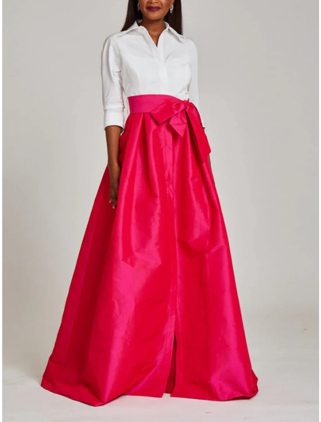 A-Line Evening Gown Party Dress Formal Wedding Guest Floor Length 3/4 Length Sleeve Shirt Collar Satin with Bow(s) Pleats And Slit