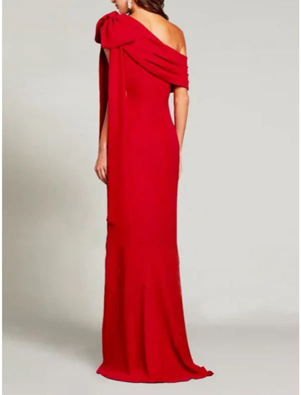 Sheath / Column Evening Gown Elegant Dress Formal Sweep / Brush Train Christmas Red Green Dress Short Sleeve One Shoulder Charmeuse with Bow(s) Pleats Slit Solid Color