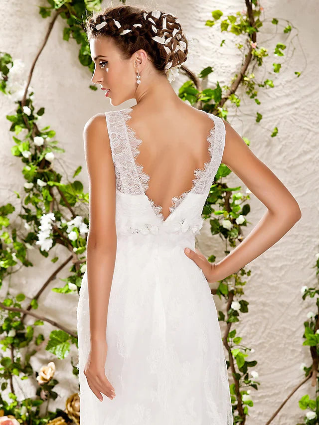 Wedding Dresses Floor Length V Neck Chapel Train Lace Sleeveless
