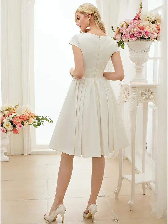A-Line Wedding Dresses Jewel Neck Knee Length Satin Short Sleeve Formal Simple Casual Little White Dress with Sash Ribbon