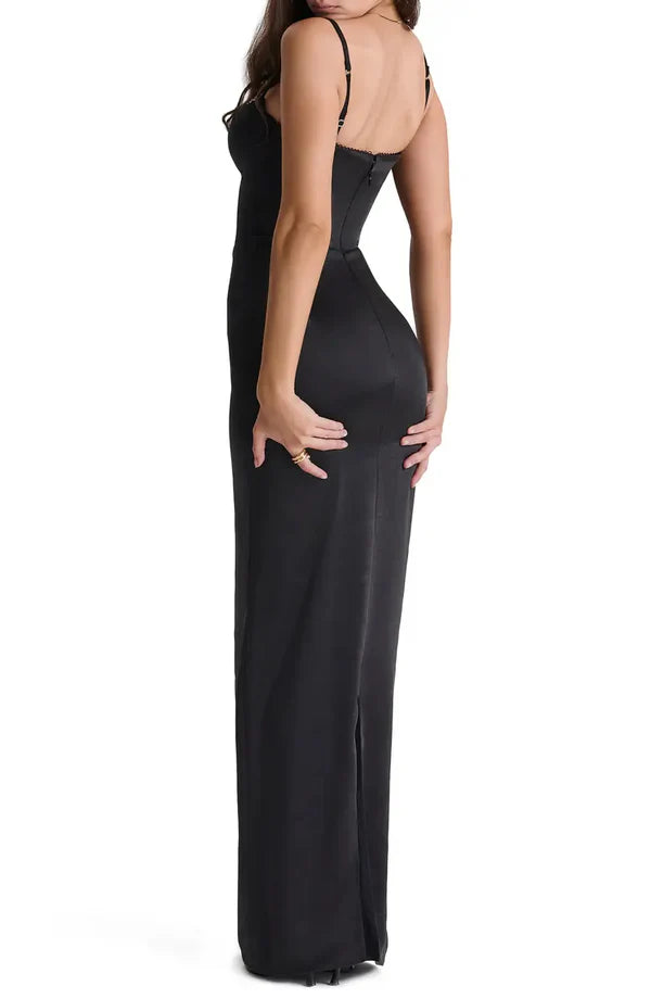 Elegant slim shoulder strap off shoulder tight corset satin backless and ground length prom dress Evening Dress