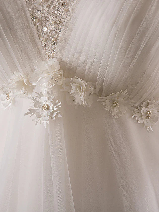 A-Line Wedding Dresses V Neck Floor Length Lace Satin Tulle Half Sleeve Formal Plus Size with Pearls Beading Appliques