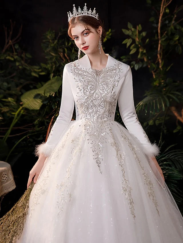 Princess Ball Gown Wedding Dresses V Neck Floor Length Lace Tulle Long Sleeve Romantic Sparkle & Shine Luxurious with Appliques