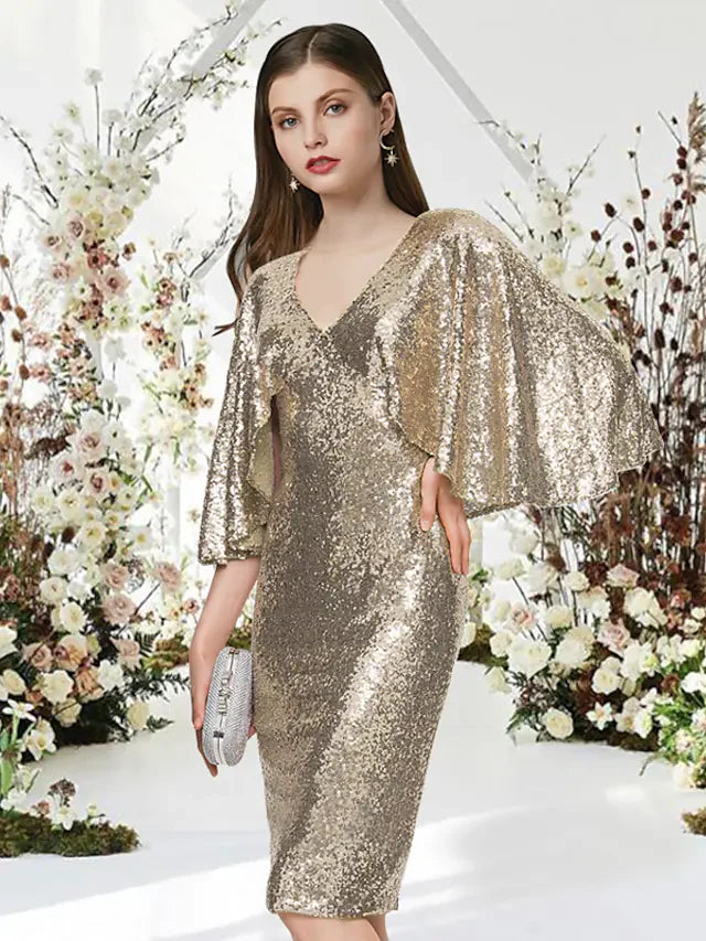 Sleek Glittering Sparkle  V Neck Half Sleeve Knee Length Sequined
