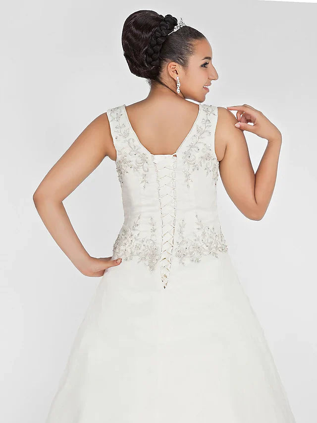 Ball Gown Wedding Dresses V Neck Court Train Organza Beaded Lace Regular Straps Formal Plus Size with Beading Embroidery