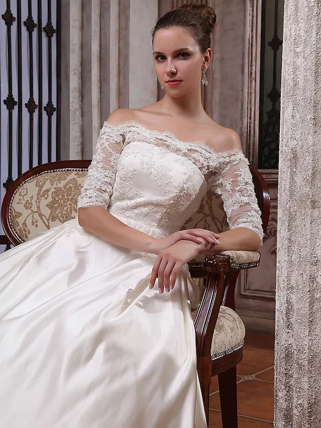 Ball Gown Wedding Dresses Scalloped-Edge Off Shoulder Court Train Satin Half Sleeve with Appliques