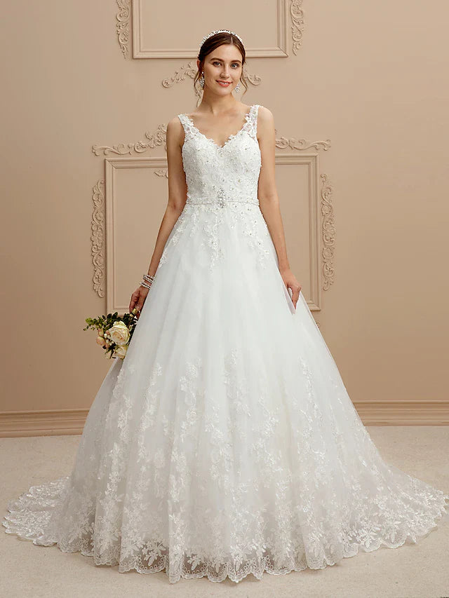 Ball Gown Wedding Dresses V Neck Court Train Tulle Beaded Lace Lace Over Tulle Spaghetti Strap Glamorous Illusion Detail Backless with Beading Appliques