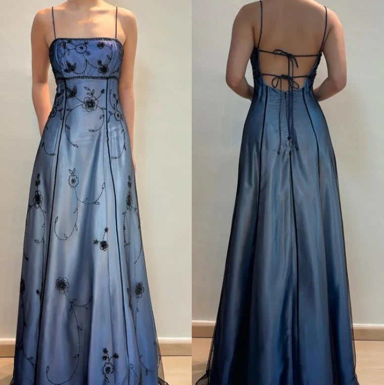 Vintage Blue A-line Spaghetti Straps Sleeveless Long Formal Prom Dress Elegant Party Evening Gowns Charming Wedding Guest Dress