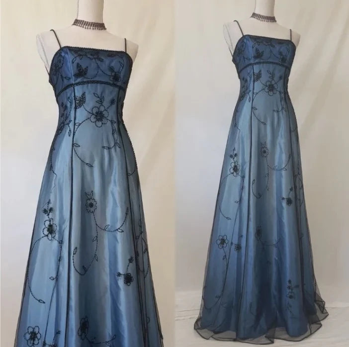 Vintage Blue A-line Spaghetti Straps Sleeveless Long Formal Prom Dress Elegant Party Evening Gowns Charming Wedding Guest Dress