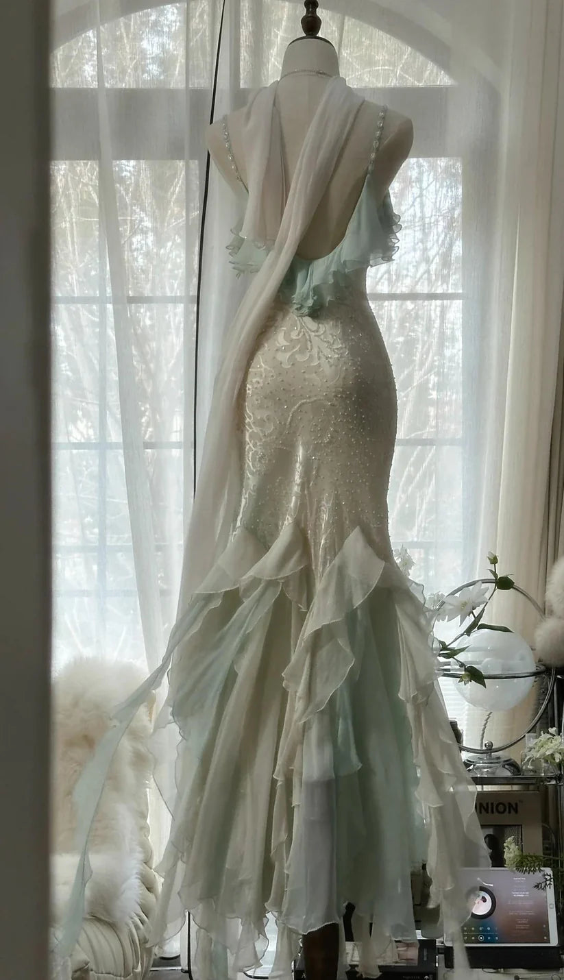 Vintage Mermaid V-neck Sleeveless Ruffled Long Formal Prom Dress Elegant Party Evening Gowns Charming Wedding Guest Dress