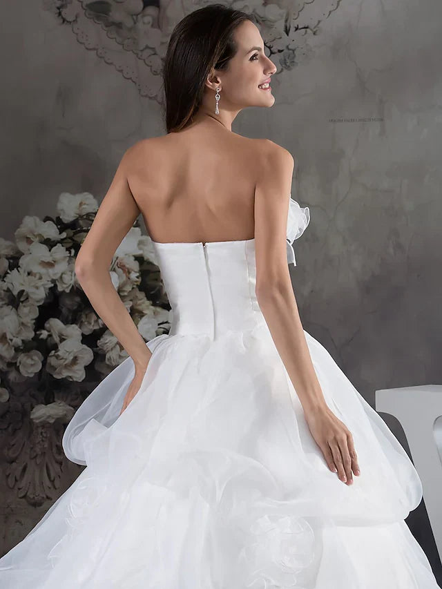 A-Line Wedding Dresses Strapless Chapel Train Organza Satin Strapless with Pick Up Skirt With Organza Layers