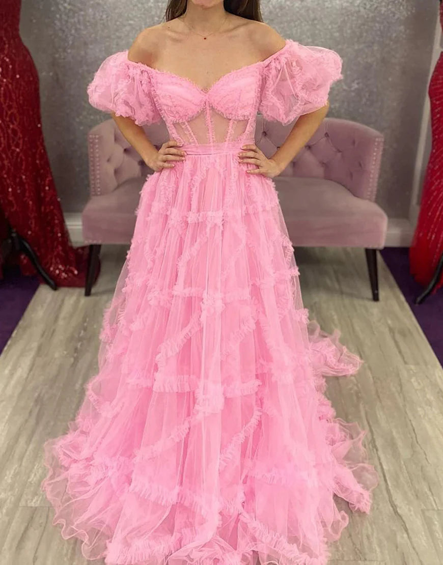 A Line Tulle Sweetheart Cute Prom Dress with Sleeves