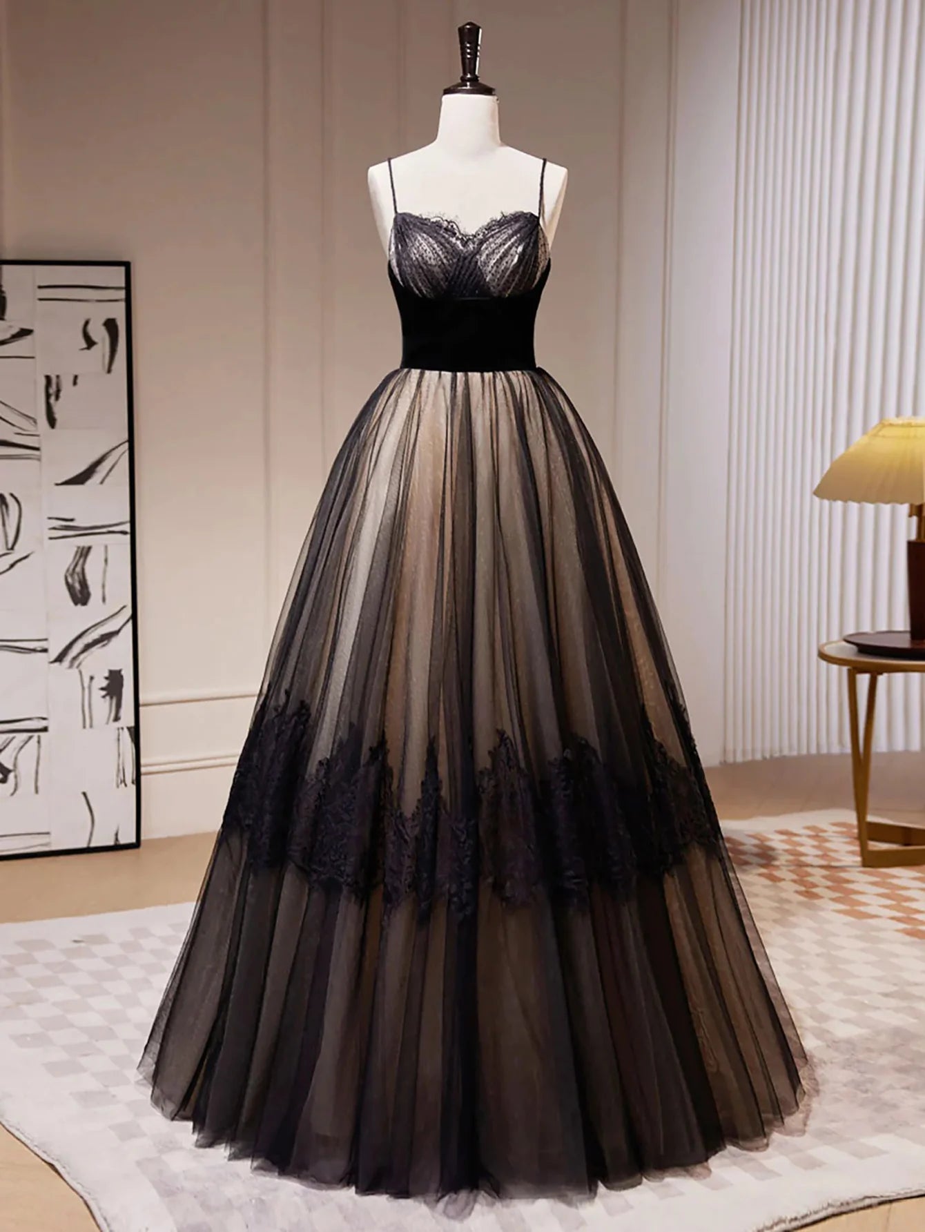 A Line Spaghetti Straps Tulle Long Prom Dress