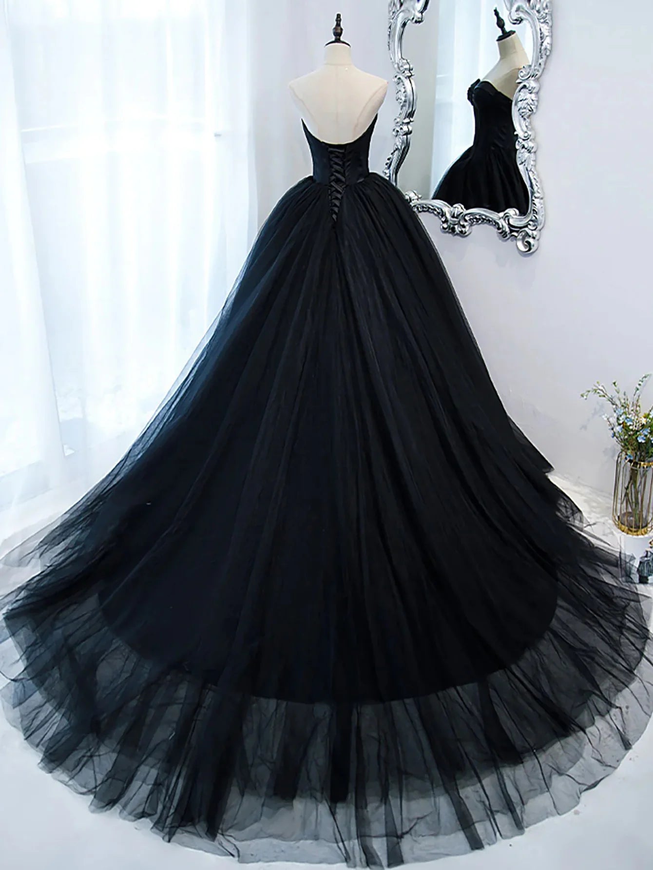 A Line Strapless Sweetheart Princess Tulle Long Prom Dress