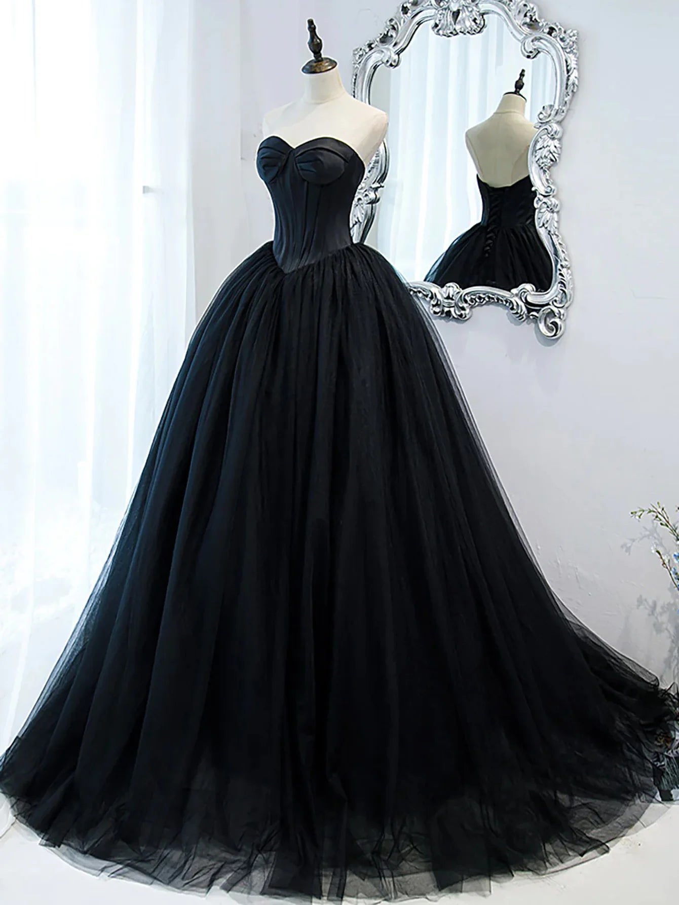 A Line Strapless Sweetheart Princess Tulle Long Prom Dress