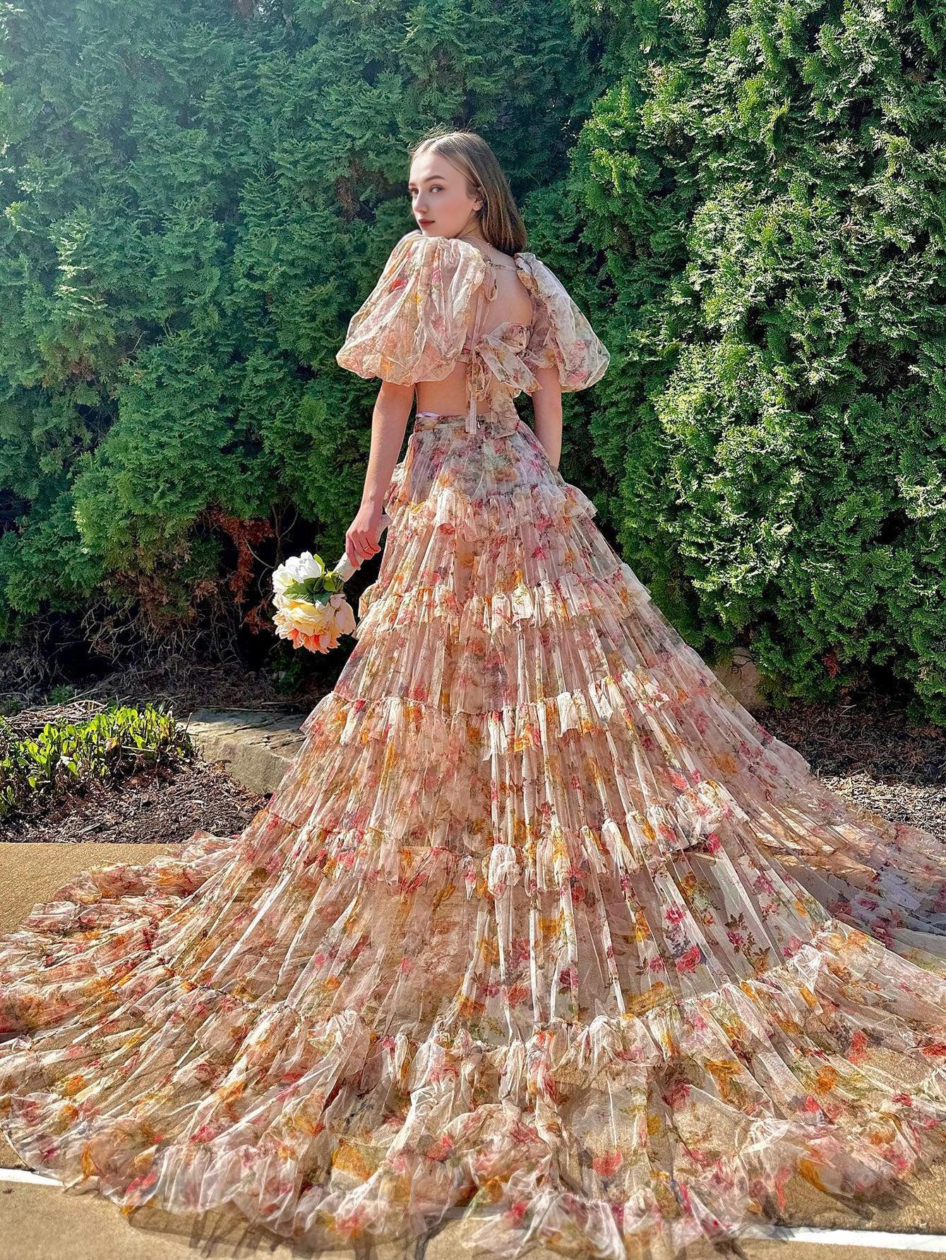 A Line 2 Piece  Square Neck Flower Long Prom Dress