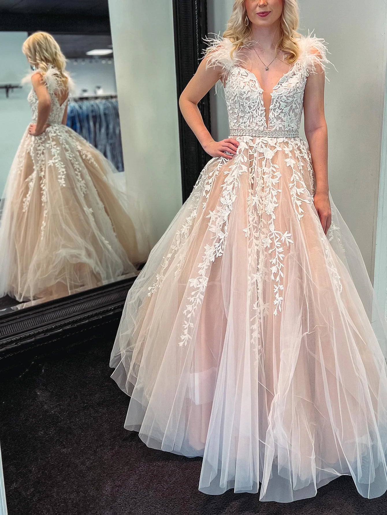 A Line V Neck Tulle Flower Long Prom Dress