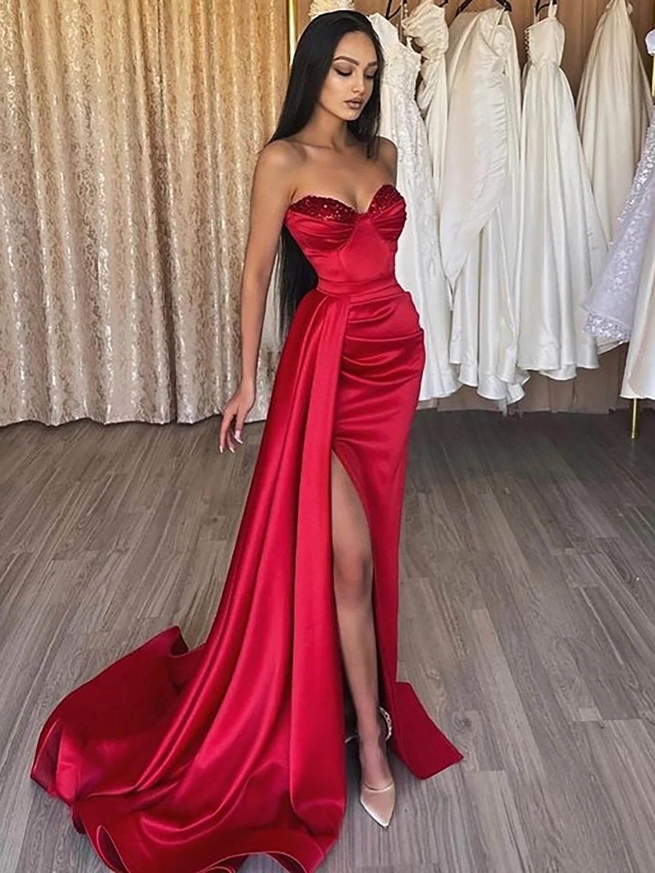 Strapless Sweetheart Satin Long Prom Dress