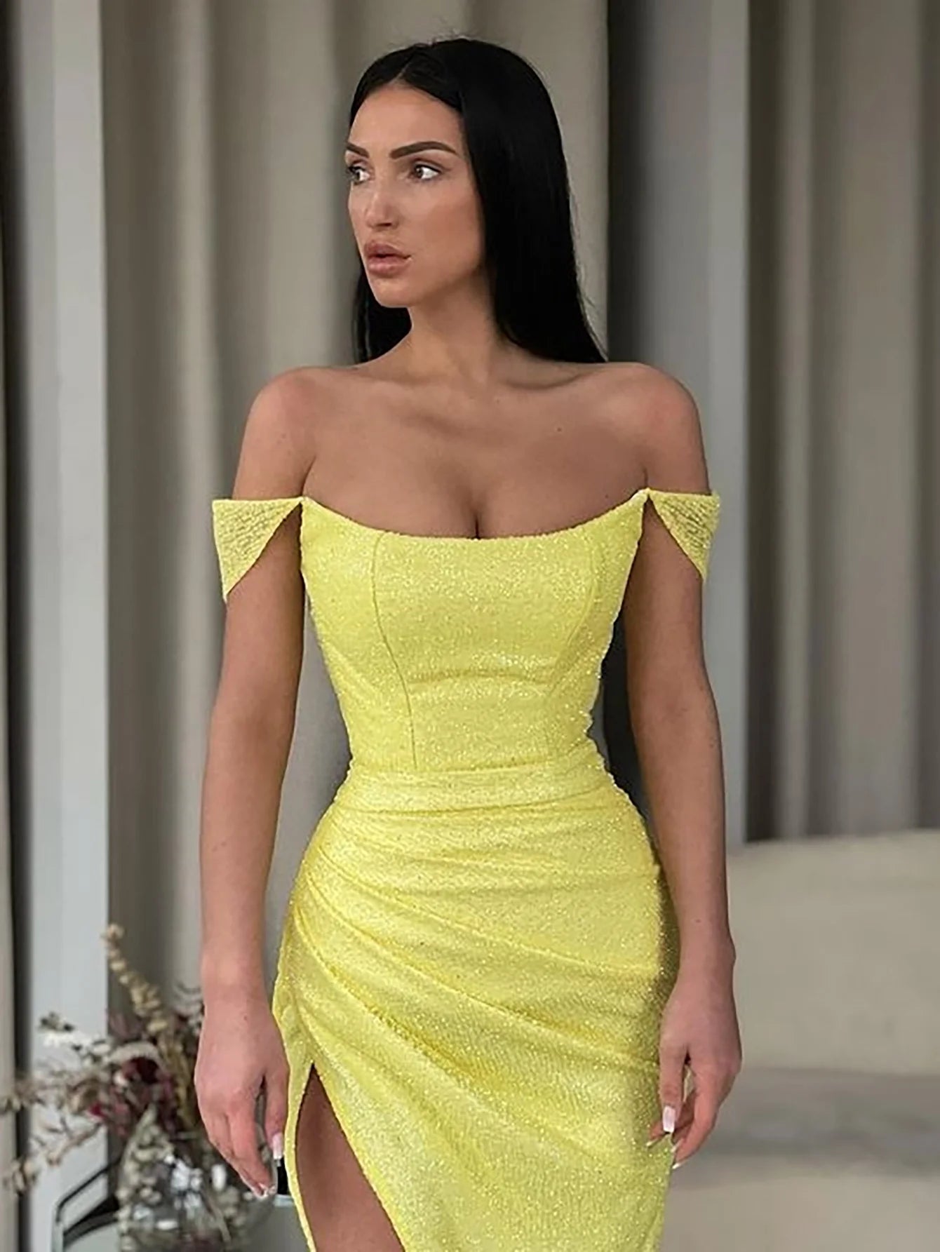 Sheath Yellow Off the Shoulder Long Prom Dress With Slit