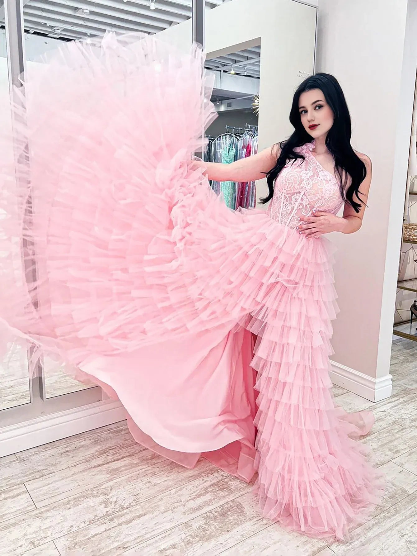 A Line One Shoulder Tulle Layers Long Prom Dress