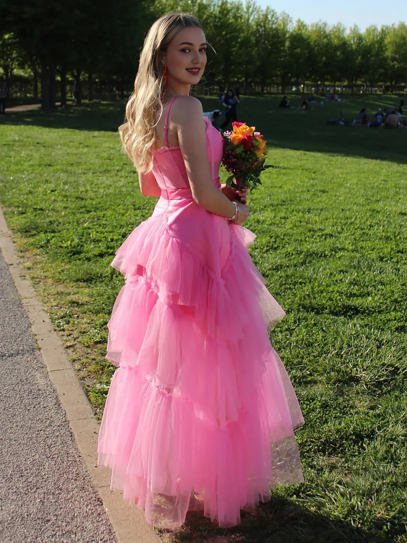 A Line Spaghetti Straps Pink Tulle Layers Long Prom Dress