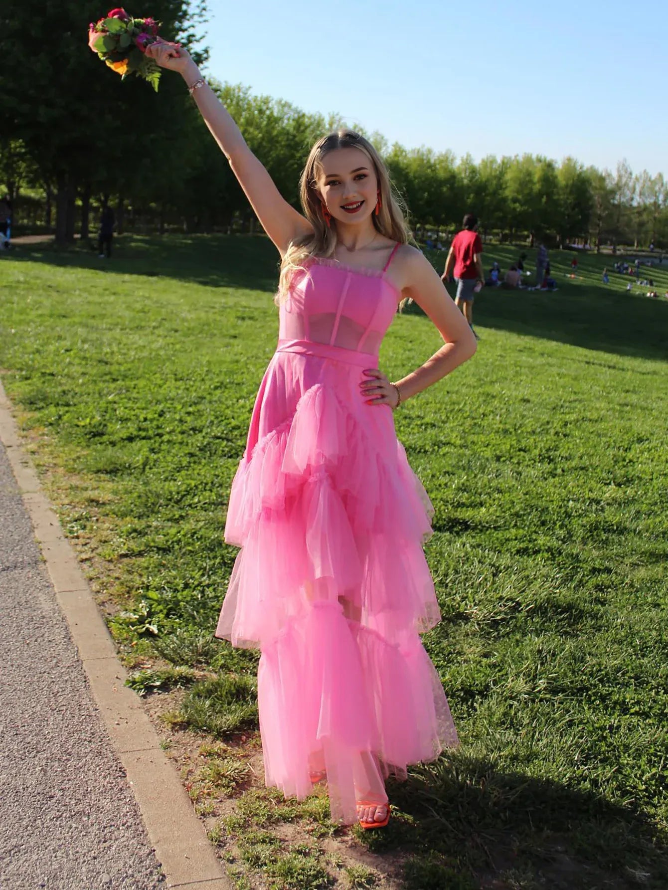 A Line Spaghetti Straps Pink Tulle Layers Long Prom Dress