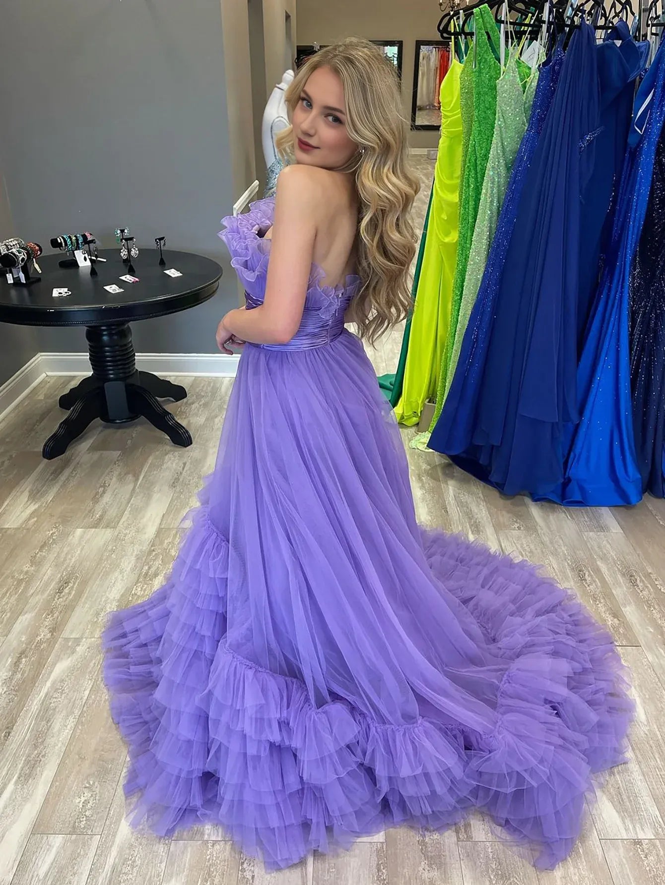 A Line Strapless Backless Tulle Long Prom Dress