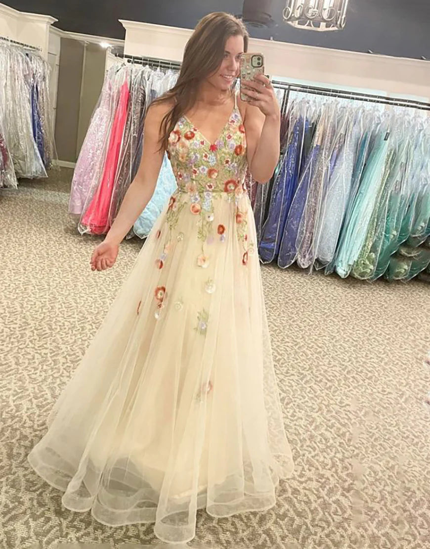 A Line V Neck Tulle Flower Long Prom Dress