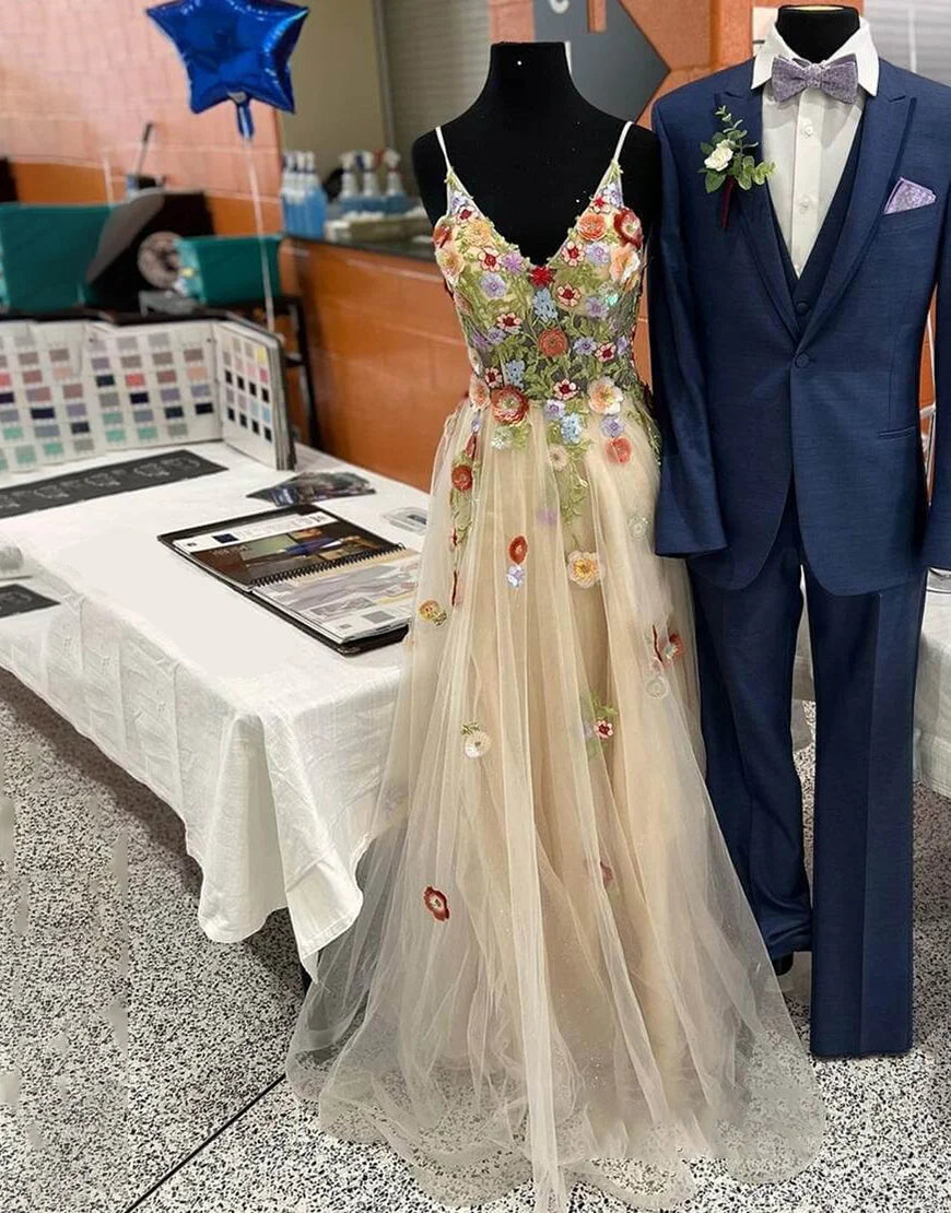 A Line V Neck Tulle Flower Long Prom Dress