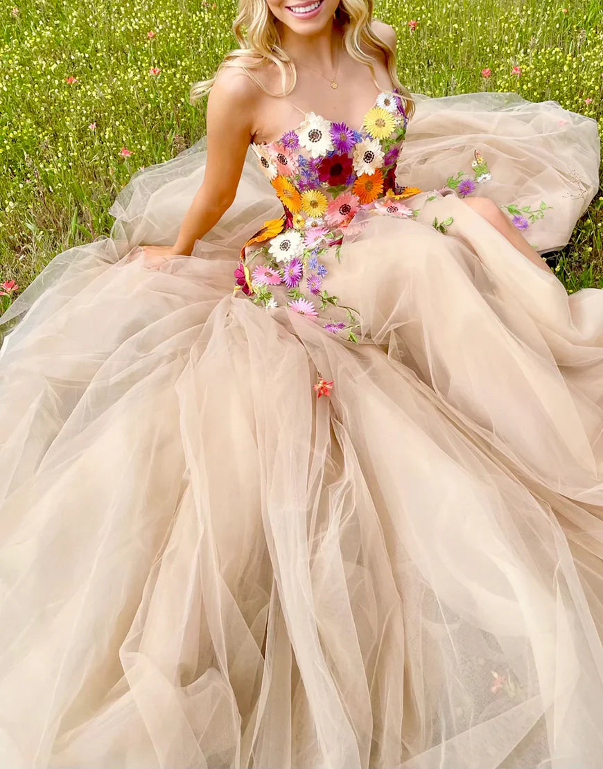 A Line Spaghetti Straps Sweetheart Flower Long Prom Dress With Appliques