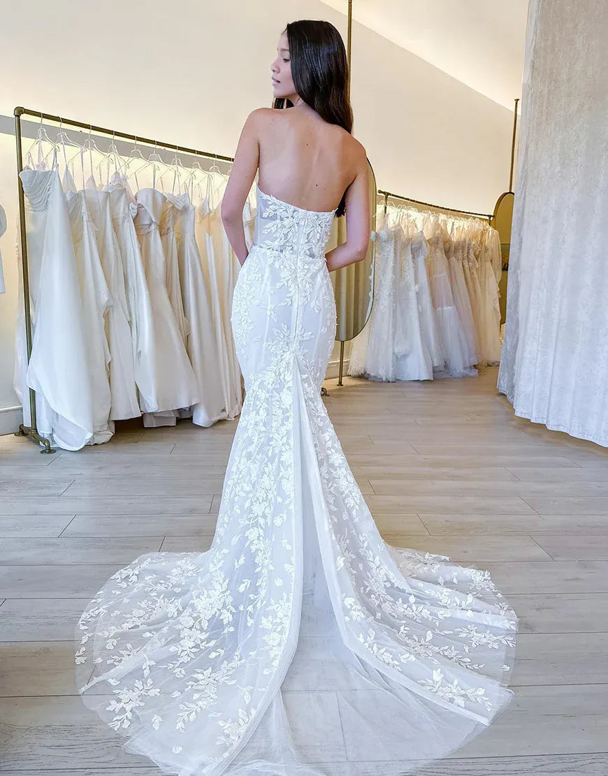 Mermaid Lace Tulle Strapless Off The Shoulder Wedding Dress With Appliques No With Veil