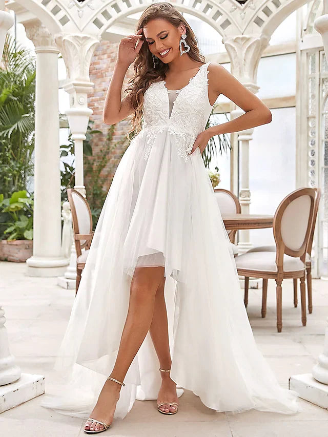 A-Line Wedding Dresses V Neck Chiffon Lace Tulle Sleeveless Romantic Casual with Lace Ruched Draping