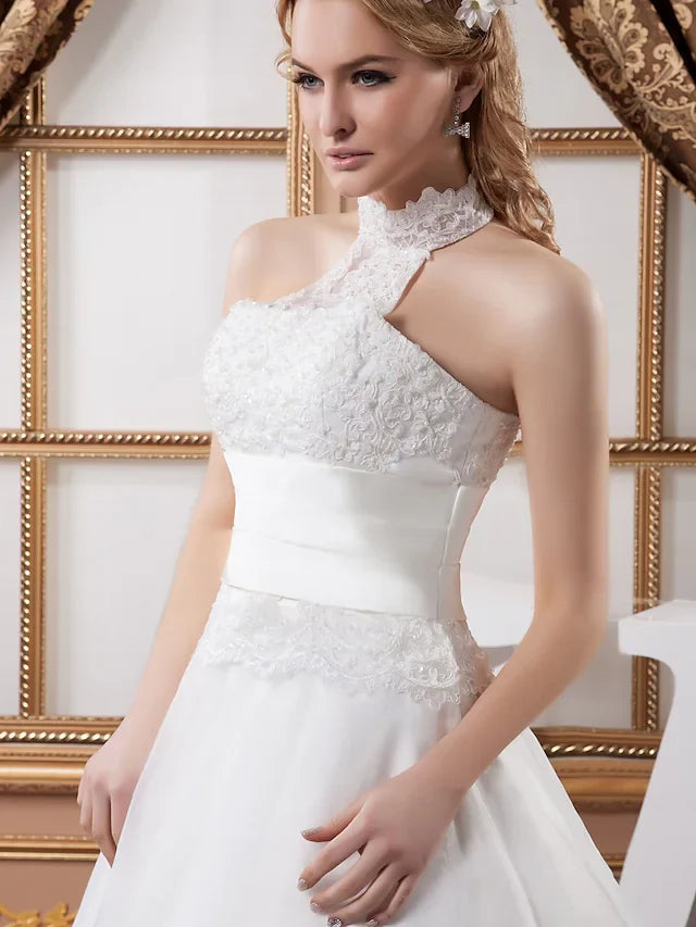 A-Line Wedding Dresses High Neck Court Train Lace Satin Tulle Regular Straps with Ruched Beading Appliques
