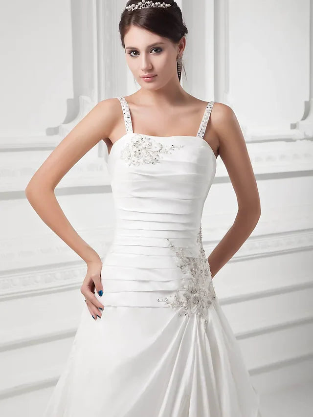 A-Line Wedding Dresses Square Neck Court Train Satin Taffeta Spaghetti Strap with Ruched Beading Draping