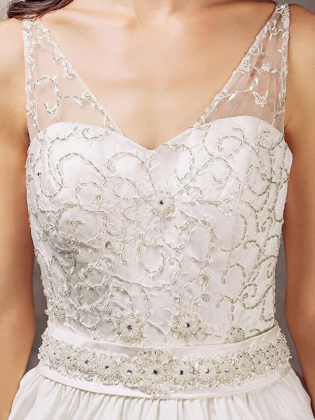 Princess A-Line Wedding Dresses V Neck Lace Taffeta Sleeveless With Embroidery