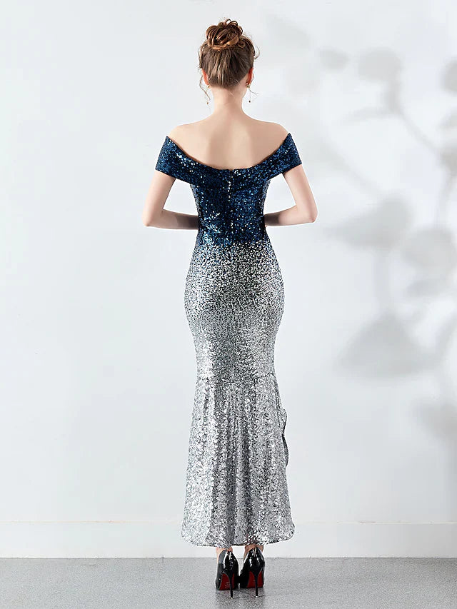Sexy Wedding Guest Cocktail Party Prom Dress Off Shoulder Sleeveless Asymmetrical Sequined with Sequin