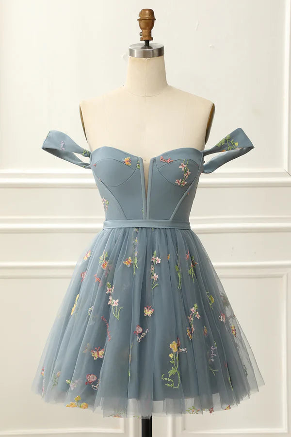 Off The Shoulder Cute Homecoming Tulle Dress With Embroidery