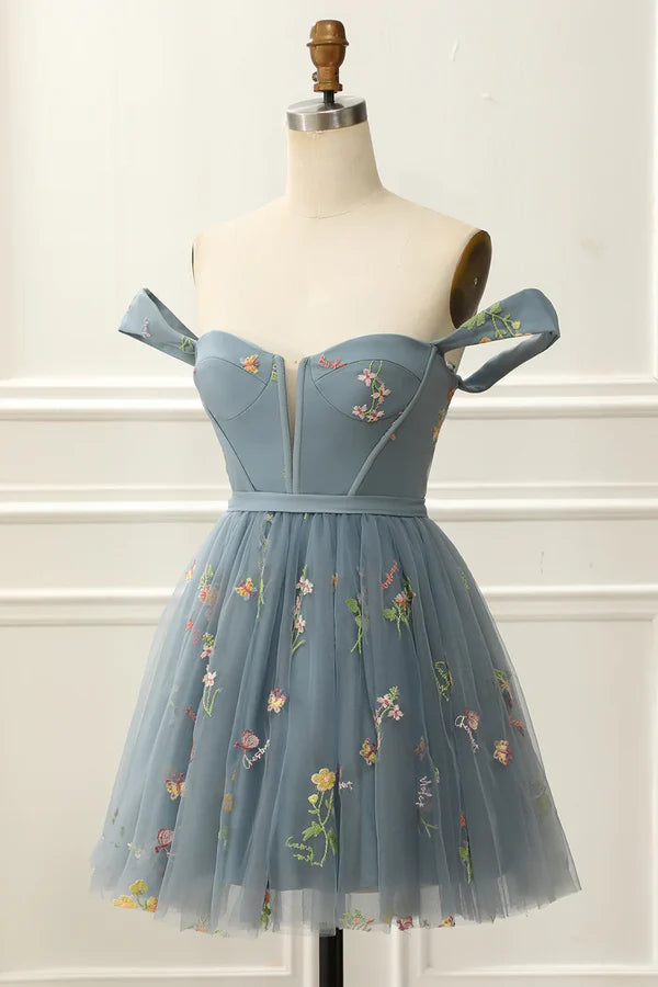 Off The Shoulder Cute Homecoming Tulle Dress With Embroidery