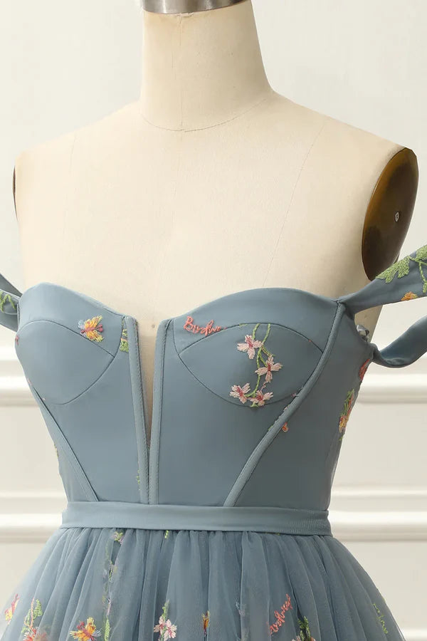 Off The Shoulder Cute Homecoming Tulle Dress With Embroidery