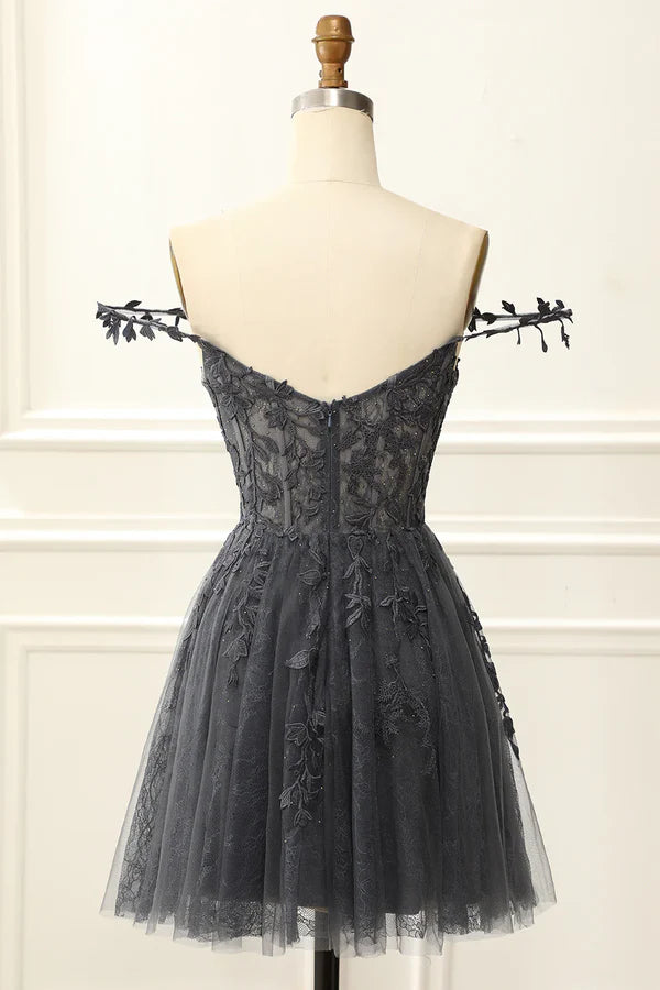 Off The Shoulder Spaghetti Straps  Corset Cute Homecoming Dress With Appliques