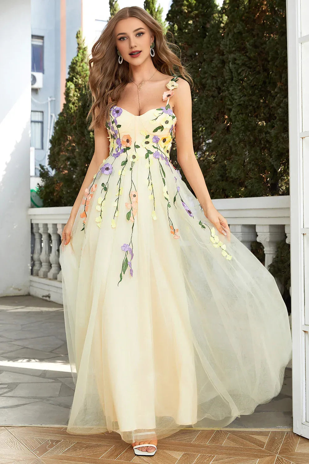 Sweetheart Spaghetti Straps  Lilac Champagne Tulle Prom Dress With 3D Flowers