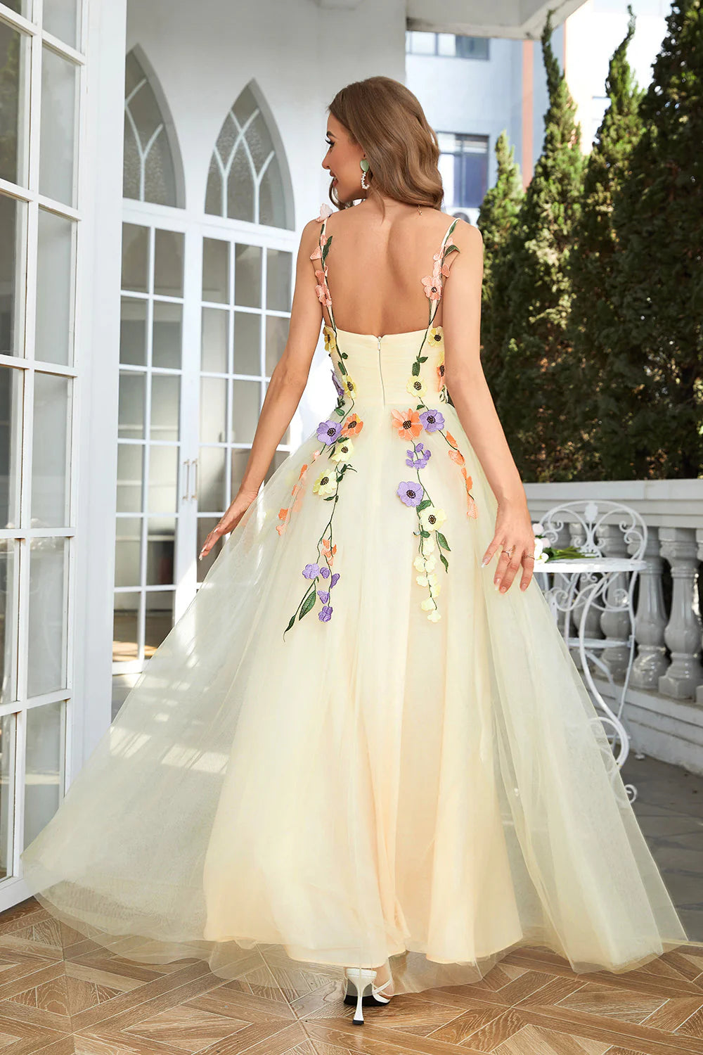 Sweetheart Spaghetti Straps  Lilac Champagne Tulle Prom Dress With 3D Flowers
