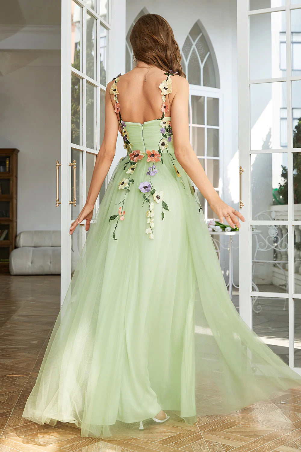 Sweetheart Spaghetti Straps  Lilac Champagne Tulle Prom Dress With 3D Flowers