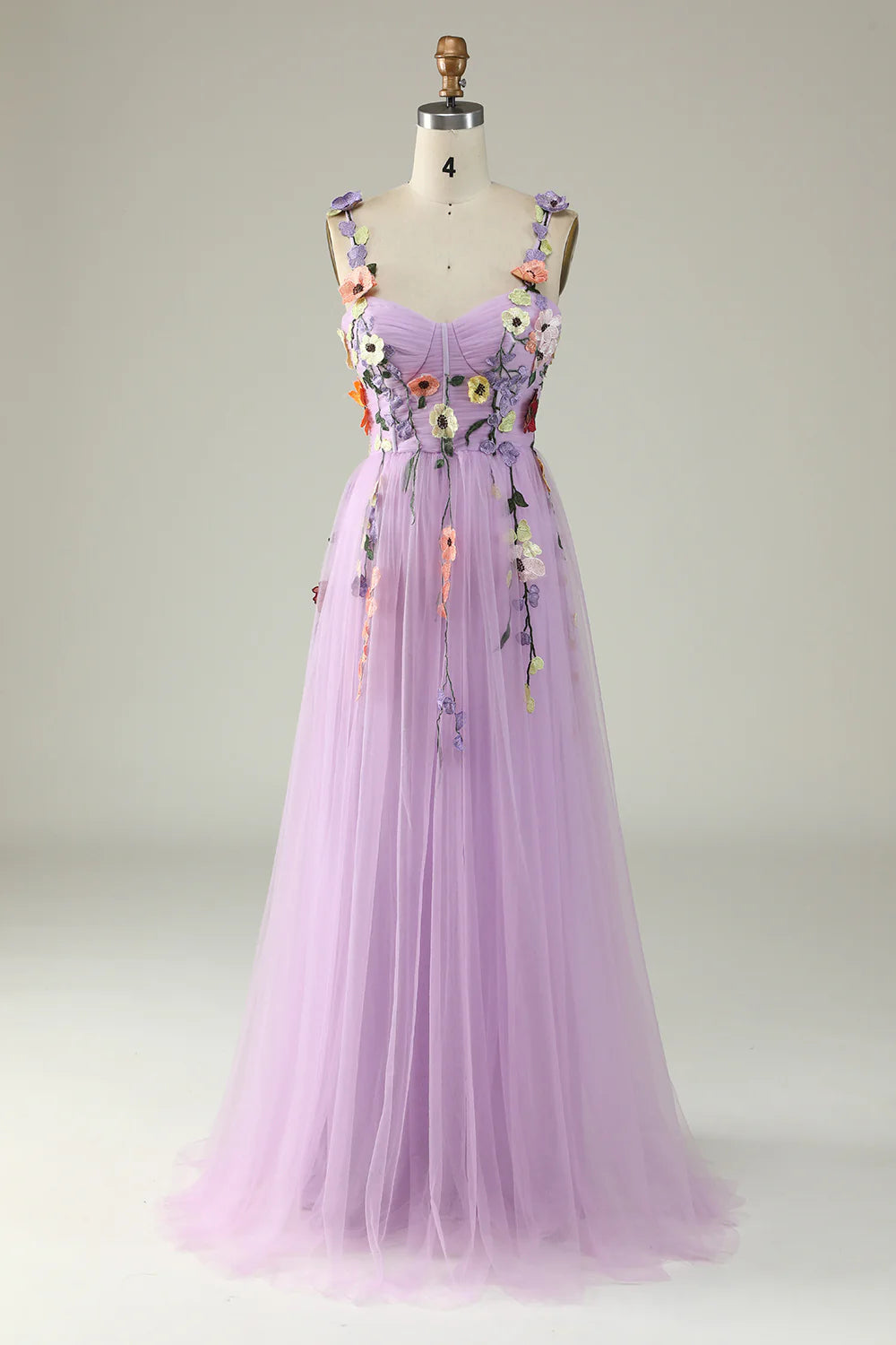 Sweetheart Spaghetti Straps  Lilac Champagne Tulle Prom Dress With 3D Flowers