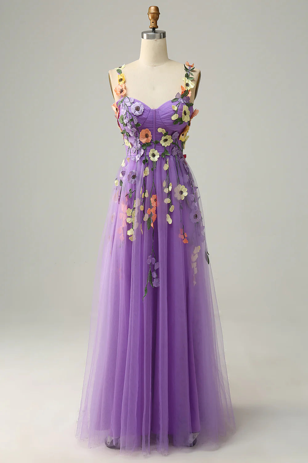 Sweetheart Spaghetti Straps  Lilac Champagne Tulle Prom Dress With 3D Flowers