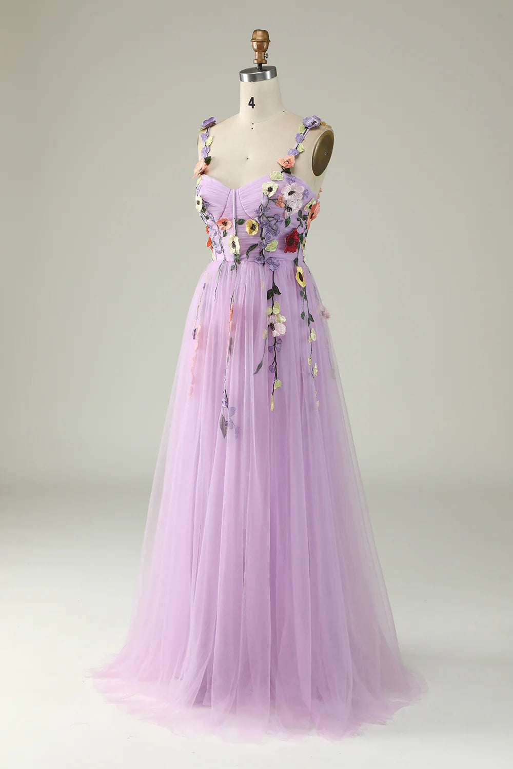 Sweetheart Spaghetti Straps  Lilac Champagne Tulle Prom Dress With 3D Flowers