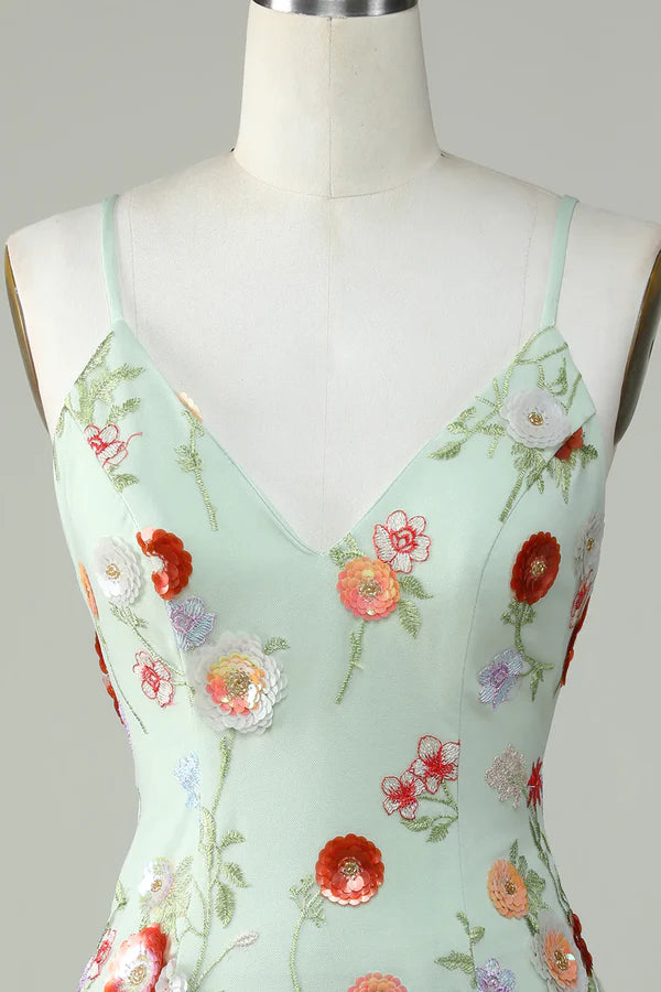 Sheath Olive Spaghetti Straps  Homecoming Dress With Embroidery