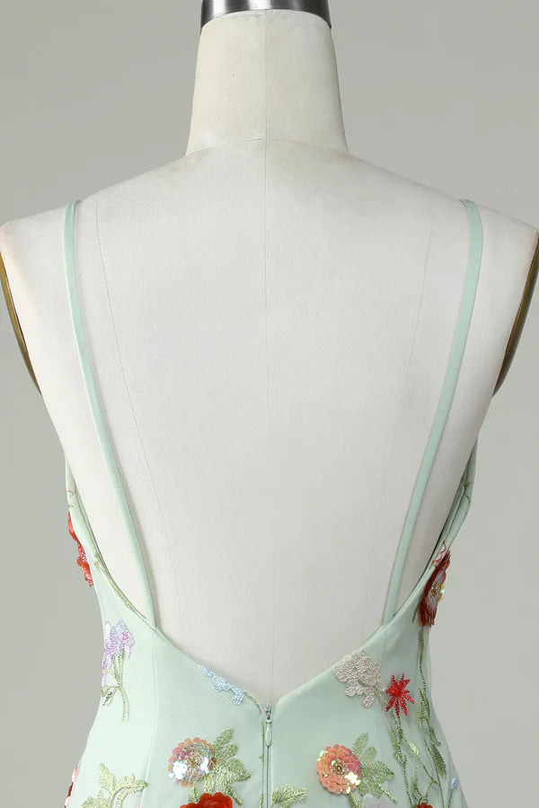 Sheath Olive Spaghetti Straps  Homecoming Dress With Embroidery