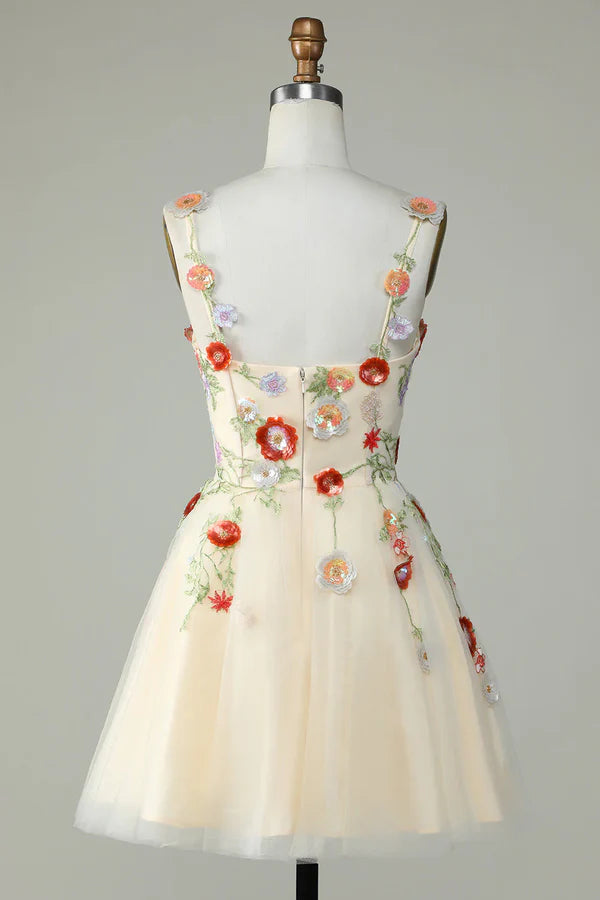 A Line Tulle Sparkly Homecoming Dress With Sequin Flowers